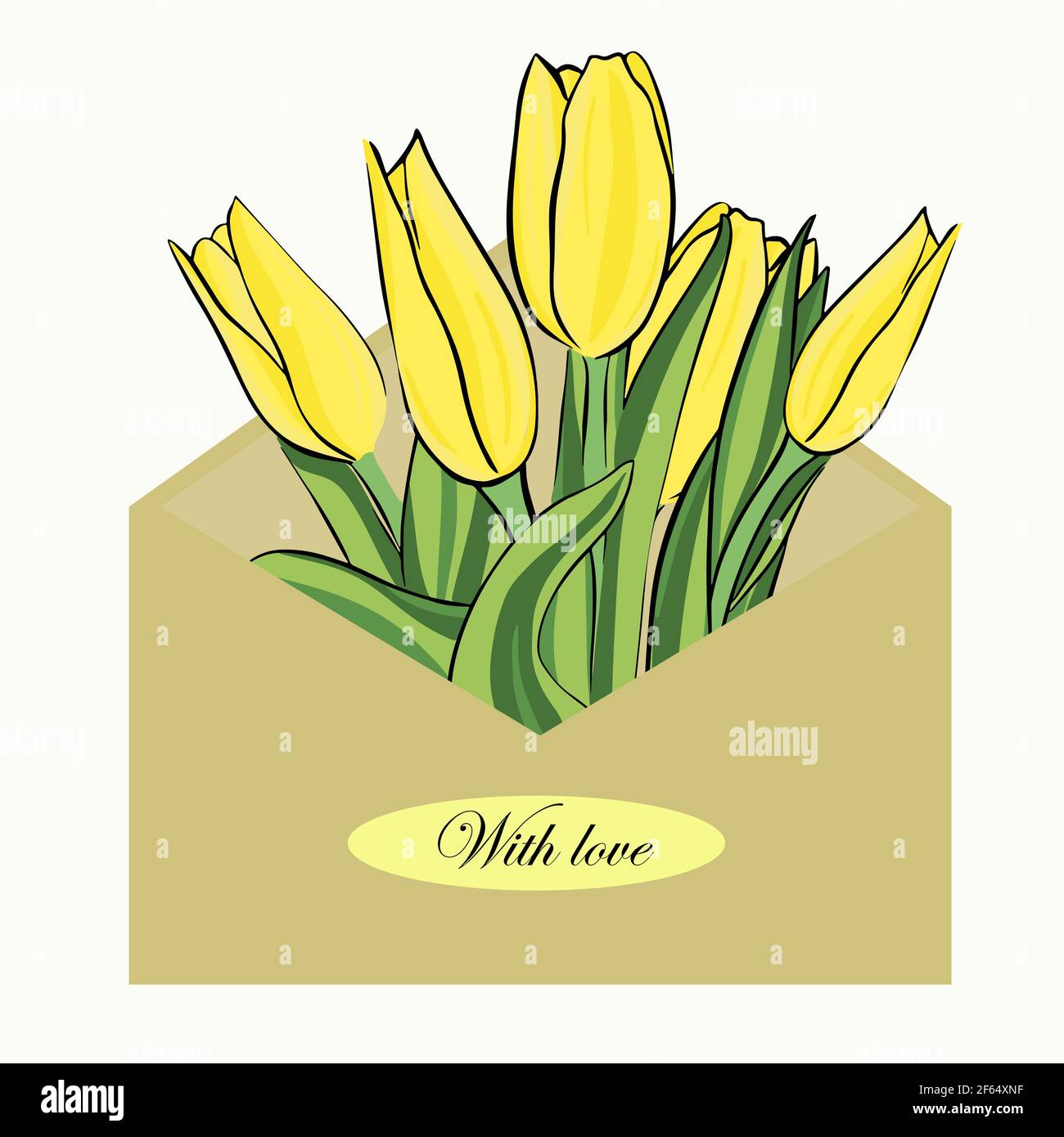 Briefumschlag mit Tulpen. Gelbe Blüten in einem Umschlag. Schriftzug, mit Liebe. Postkarte für Glückwünsche und Geständnisse. Frühlingskomposition. V Stock Vektor