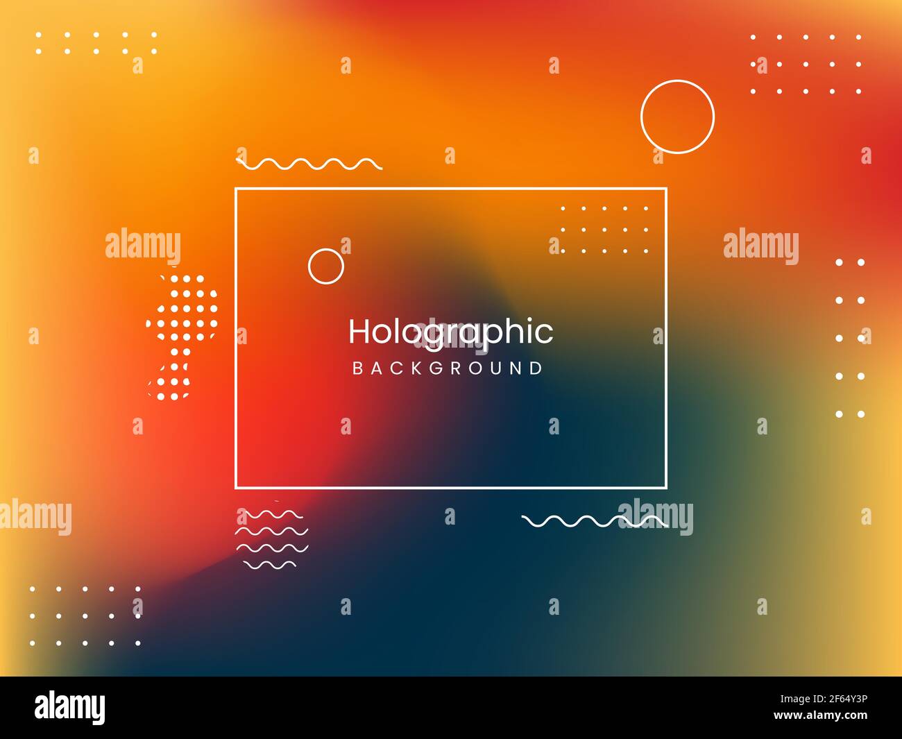 Abstrakter holographischer Hintergrund mit neo memphis Elementen. Mit den Farben: Gelb, rot, dunkelblau. Geeignet für Poster, Social-Media-Beiträge Stock Vektor