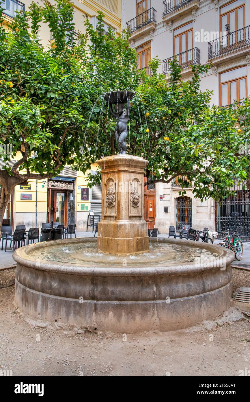 Brunnen in Plaza del Negrito, Valencia, Bundesland Valencia, Spanien Stockfoto