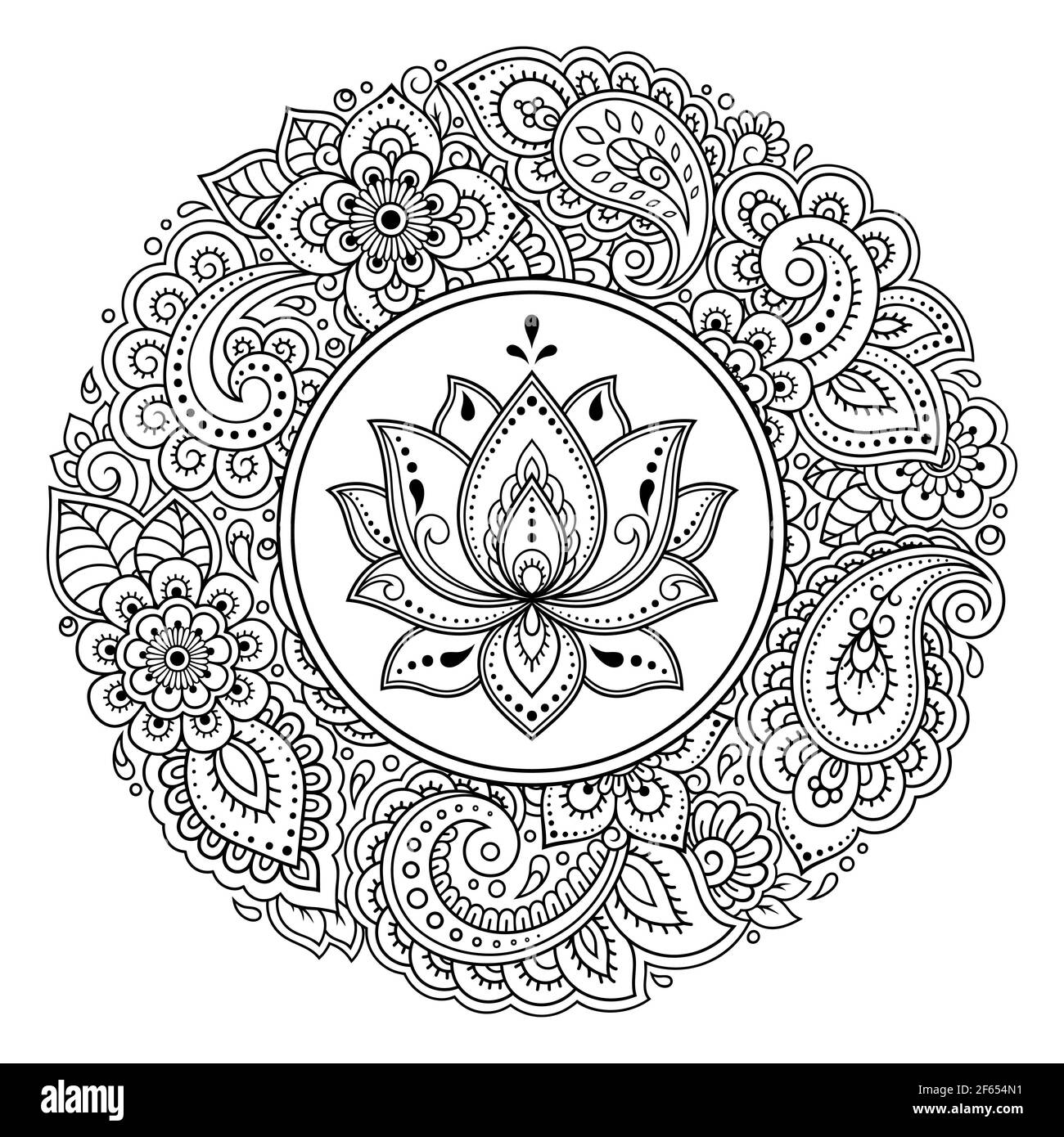 Kreisförmiges Muster in Form von Mandala mit Lotusblume für Henna, Mehndi, Tattoo, Dekoration. Dekoratives Ornament im ethnisch-orientalischen Stil. Umriss doo Stockfoto