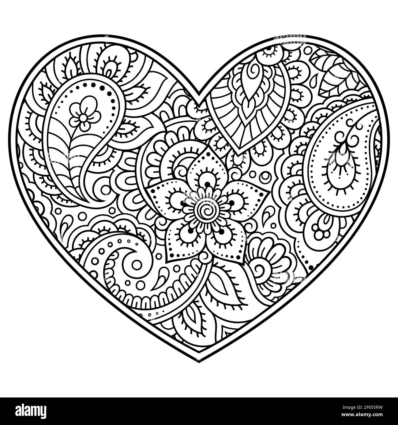 Mehndi Blumenmuster in Herzform für Henna Zeichnung und Tattoo. Dekoration im ethnischen orientalischen, indischen Stil. Valentinstag Grüße. Farbgebung Stockfoto
