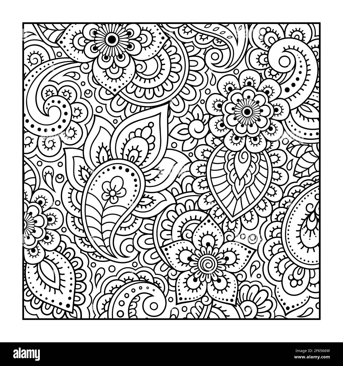 Outline quadratische Blumenmuster in Mehndi-Stil zum Ausmalen Buchseite. Antistress für Erwachsene und Kinder. Doodle Ornament in schwarz und weiß. Hand-dra Stockfoto