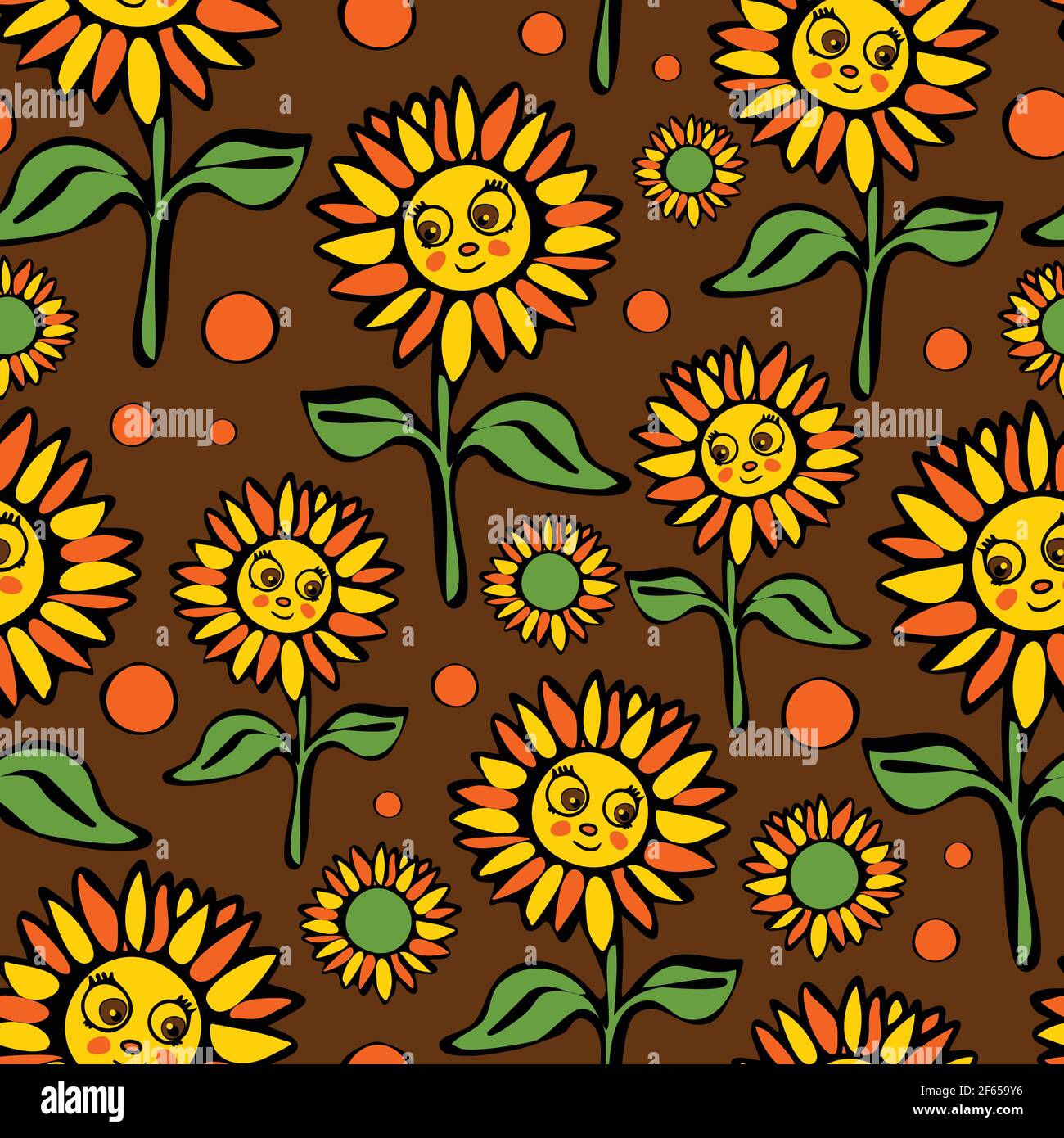 Nahtlose Vektor-Muster mit Cartoon Sonnenblumen auf braunem Hintergrund. Smiley Face Blume Tapete Design. Florale Mode im Retro-Stil. Stock Vektor