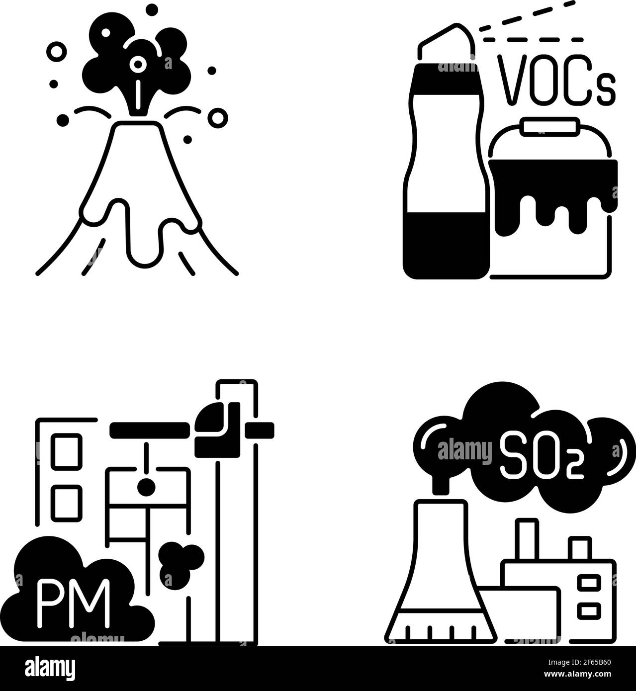 Schwarze lineare Symbole für Luftverschmutzung eingestellt Stock Vektor