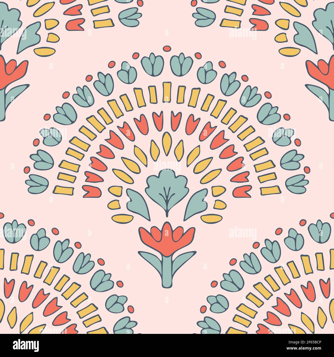 Nahtloses Vektor-Muster mit Blumenfächer auf rosa Hintergrund. Schönes florales Regenbogen Tapetendesign. Dekorative Mandala Mode Textil. Stock Vektor