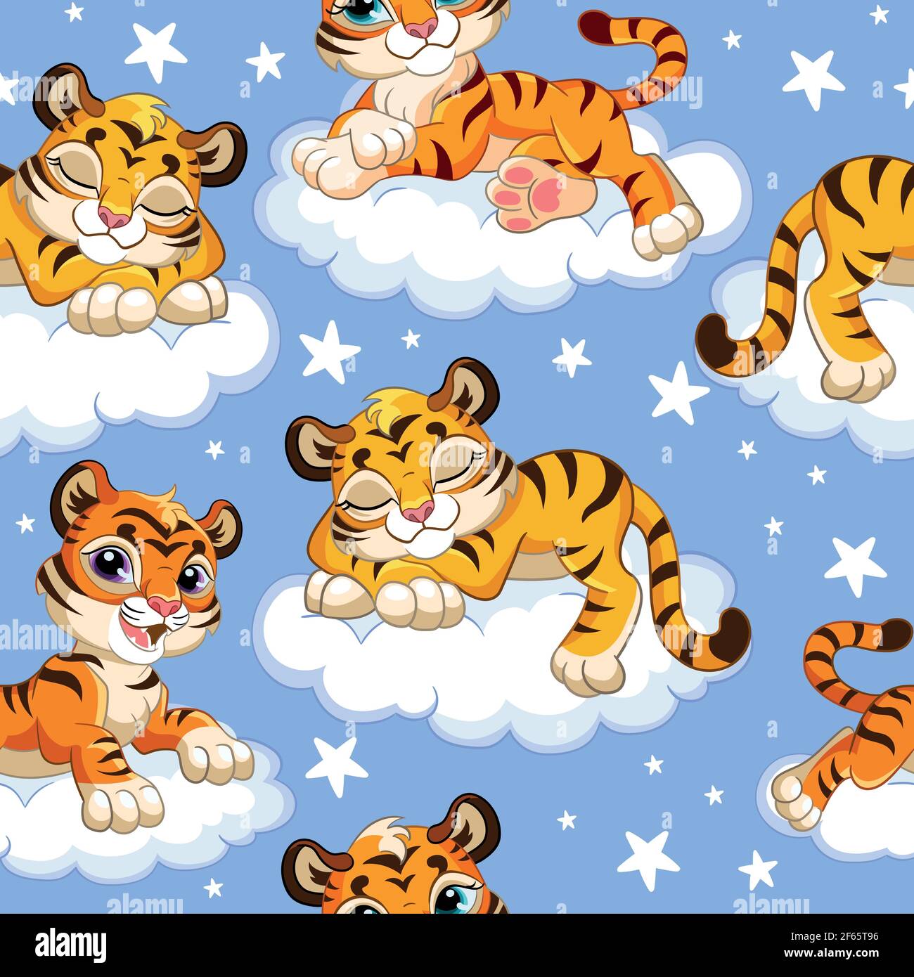 Nahtloses Muster mit träumenden Babytigern bei Nacht auf blauem Hintergrund. Vektor-Illustration für Party, drucken, Baby-Dusche, Tapete, Design, Dekor, b Stock Vektor