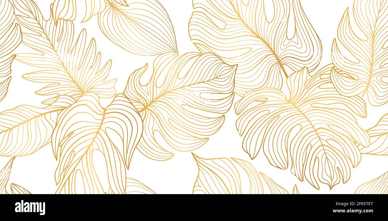 Florales Nahtloses Muster mit tropischen Blättern und Blüten. Natur üppigen Hintergrund. Florieren Sie dekorative Gartenstruktur mit Linienkunst Palmblättern. Interpret Stock Vektor