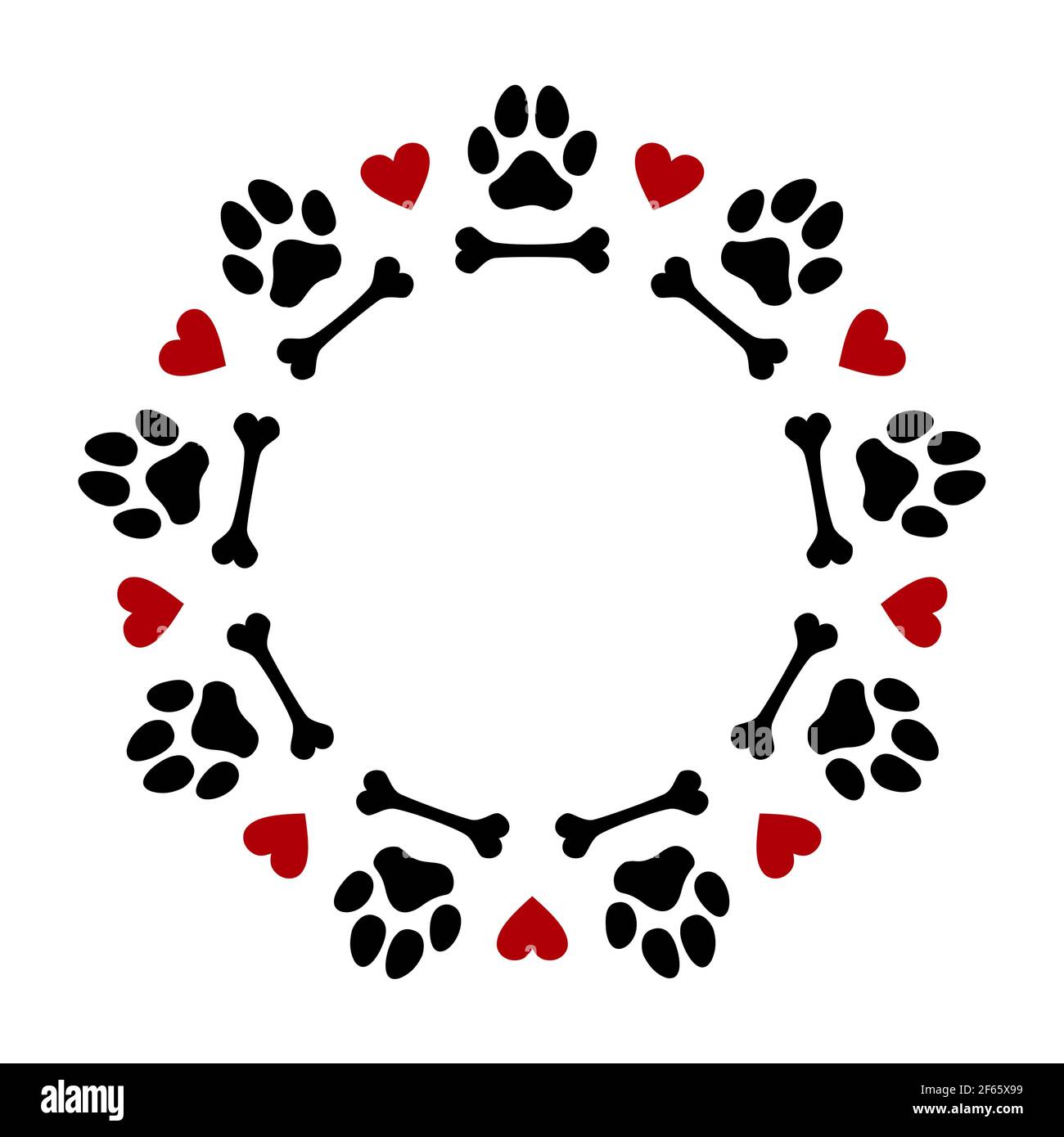 Hundefußabdrücke, Hundeknochen und Herzen in Kranzform. - schöne Vektor-Dekoration. Geeignet für Logo-Elemente, Poster, Textilien, Geschenke, T-Shirts. Liebe Haustiere Stock Vektor