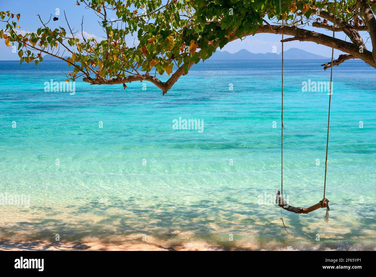 Holzschaukel am tropischen Strand. Reiseziel, Sommerurlaub, Meereshintergrund Stockfoto