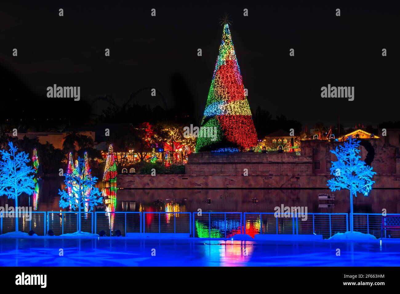 Orlando, Florida. 27. November 2020. Panoramablick auf die bunten großen Weihnachten drei in der Nacht in Seaworld. (30) Stockfoto