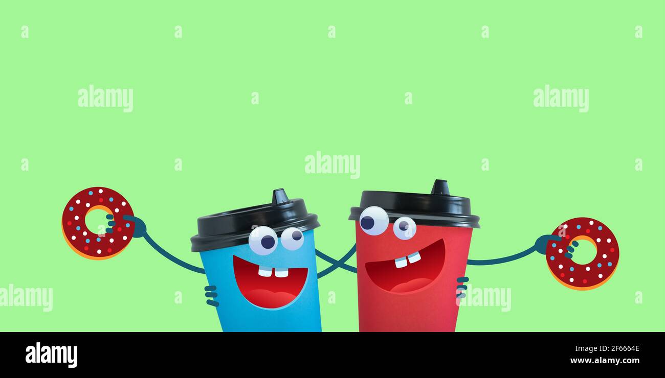 Composite-Bild von zwei lustigen Einweg-Tassen halten Donuts und Umarmung. Freundschaftskonzept. Stockfoto