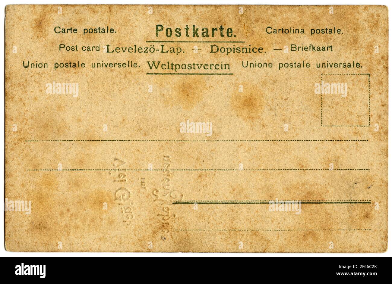 Antike Postkarte aus Buntpapier mit Hinweisen in verschiedenen Sprachen Stockfoto