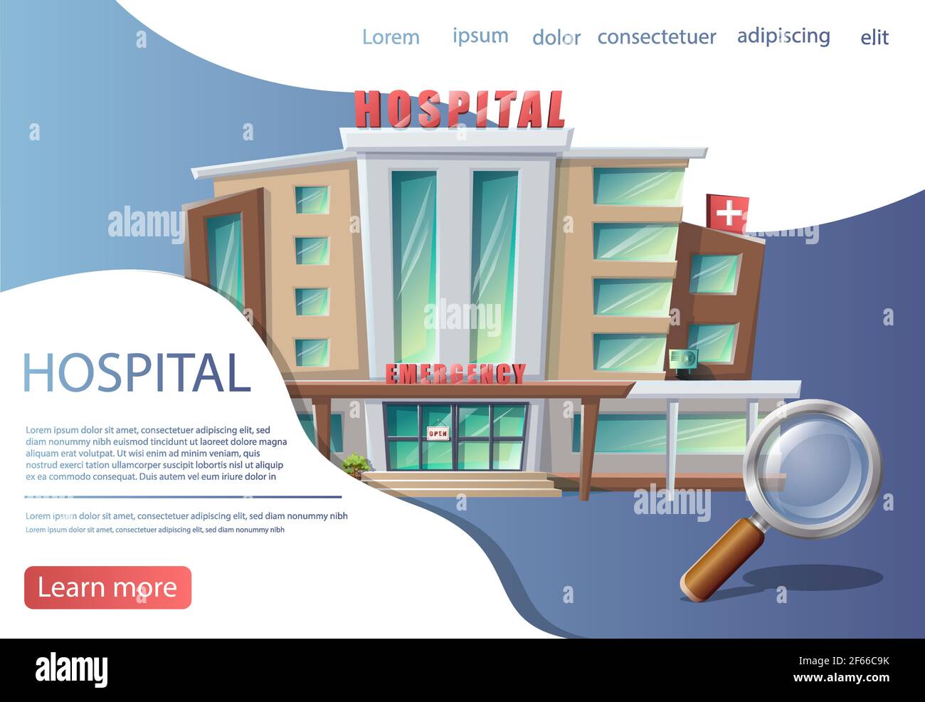Vektor Cartoon-Stil Hintergrund mit Krankenhaus Gebäude. Medizinische Beratung, Banner des Diagnosezentrums. Stock Vektor