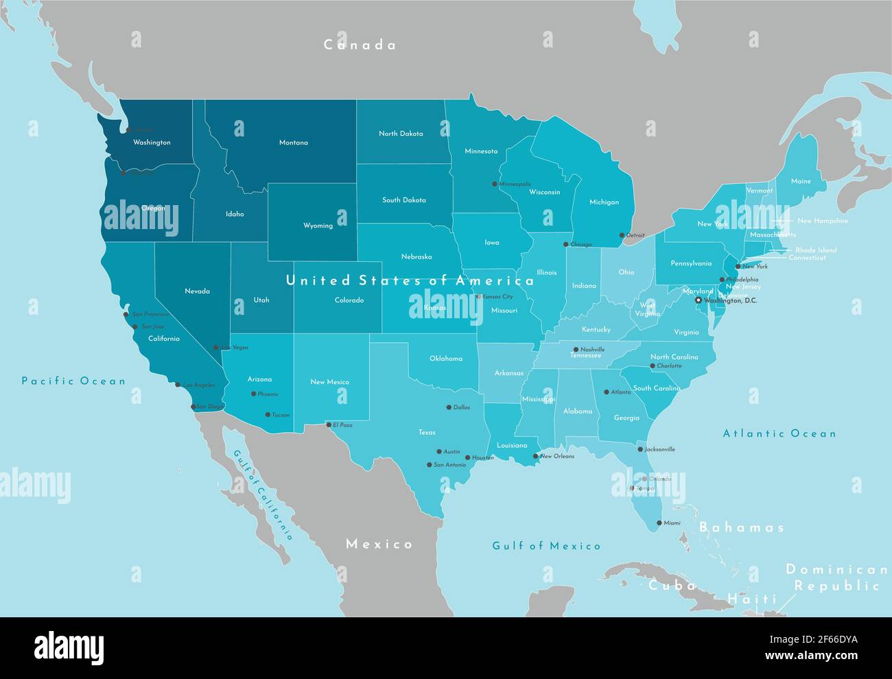 Vektor moderne Illustration. Vereinfachte geografische Karte der Vereinigten Staaten von Amerika (USA) und der Nachbarländer. Blauer Hintergrund der Ozeane. Namen Stock Vektor