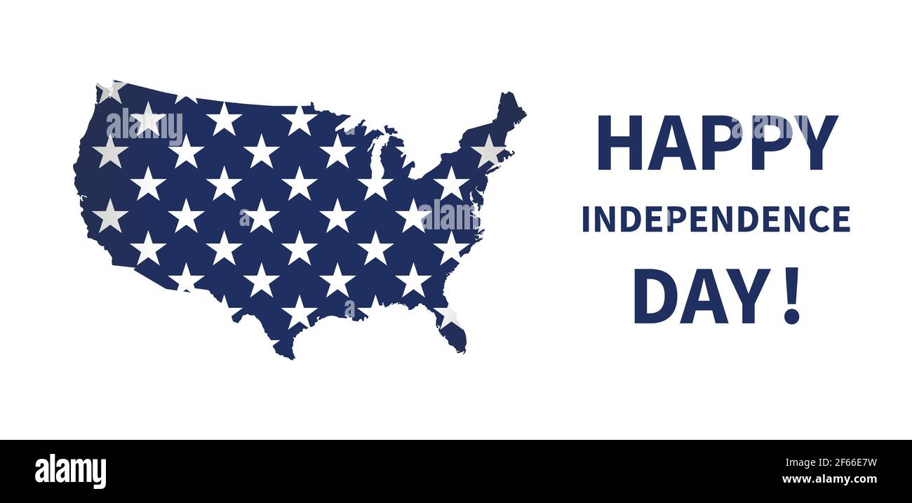 Vektorgrafik. Text Happy Independence Day. Urlaub in den USA - 4th. Juli. Blaue Karte der USA mit Sternen wie auf der Nationalflagge Stock Vektor