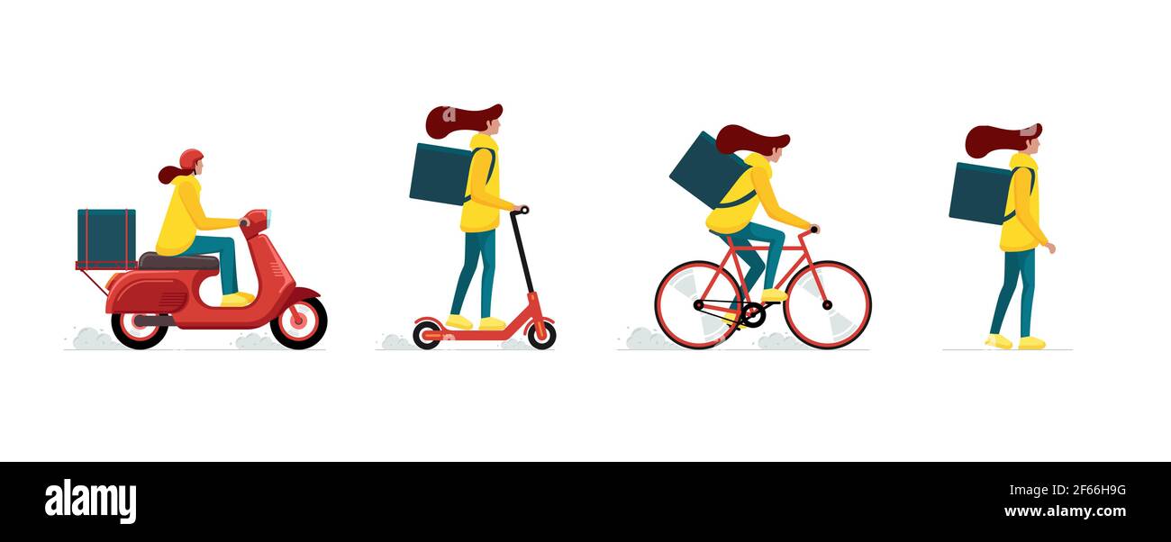Express während der Lieferung Mädchen Kurierdienst Konzept gesetzt. Online schnell logistische Frau auf Fahrrad, Elektroroller, Moped und zu Fuß mit Bestellungen Paketkasten und Rucksack. Vektorgrafik flach Stock Vektor