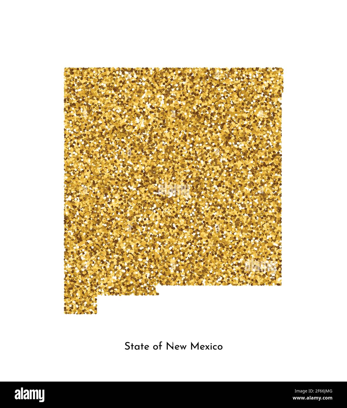 Vektor isolierte Illustration mit vereinfachter Karte des Staates New Mexico (USA). Glänzende goldfarbene Glitzerstruktur. Dekorationsvorlage. Stock Vektor