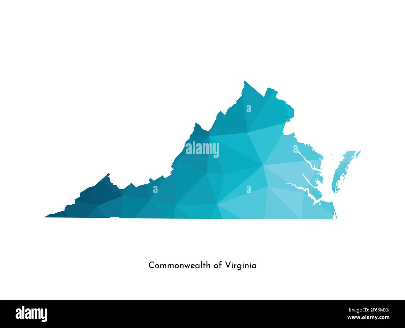 Vektor isolierte Illustration Symbol mit vereinfachten blauen Karte Silhouette des Commonwealth of Virginia (USA). Polygonaler geometrischer Stil. Weißer Hintergrund Stock Vektor