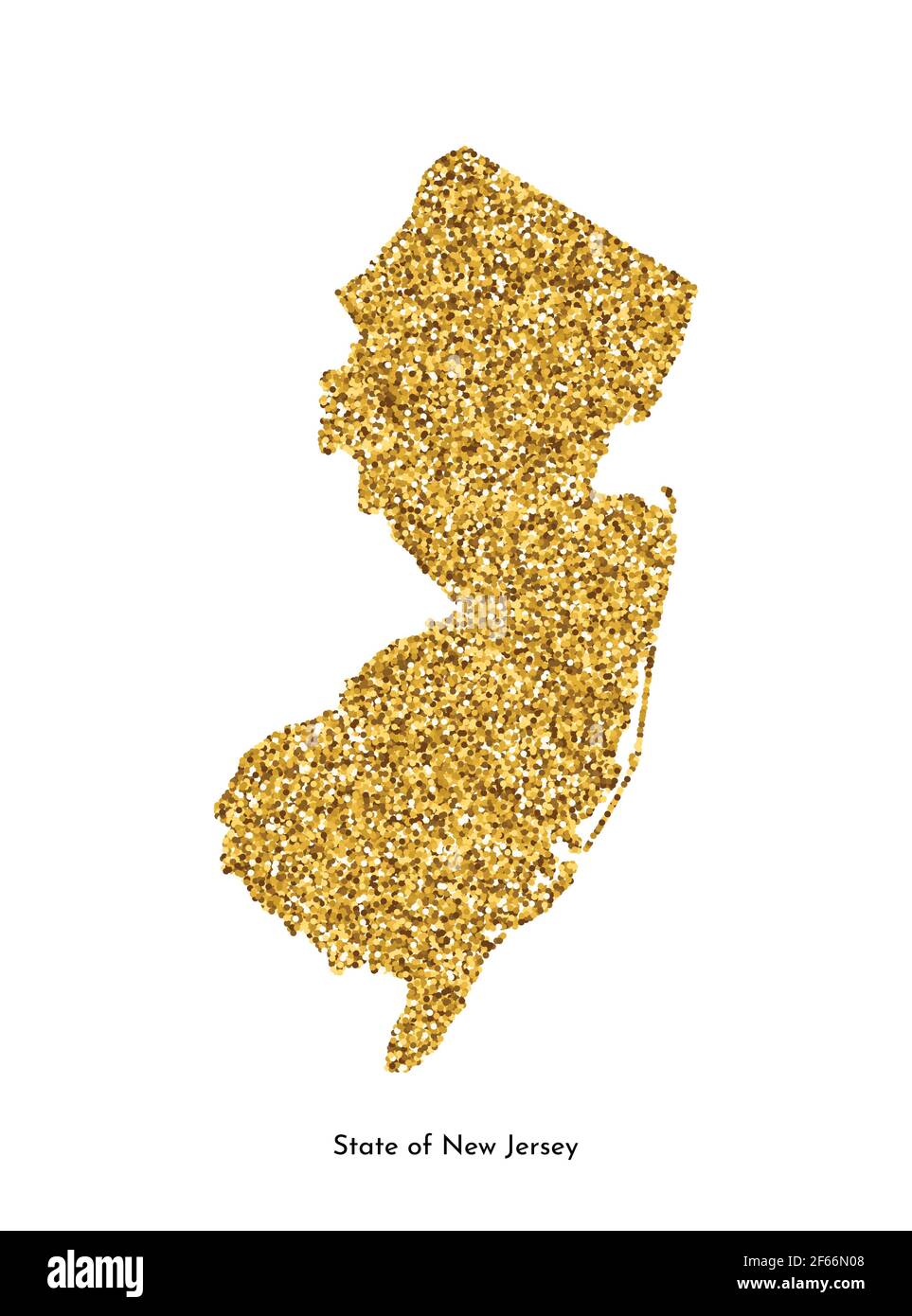 Vektor isolierte Illustration mit vereinfachter Karte von State of New Jersey (USA). Glänzende goldfarbene Glitzerstruktur. Dekoration helle Feiertagsvorlage. Stock Vektor