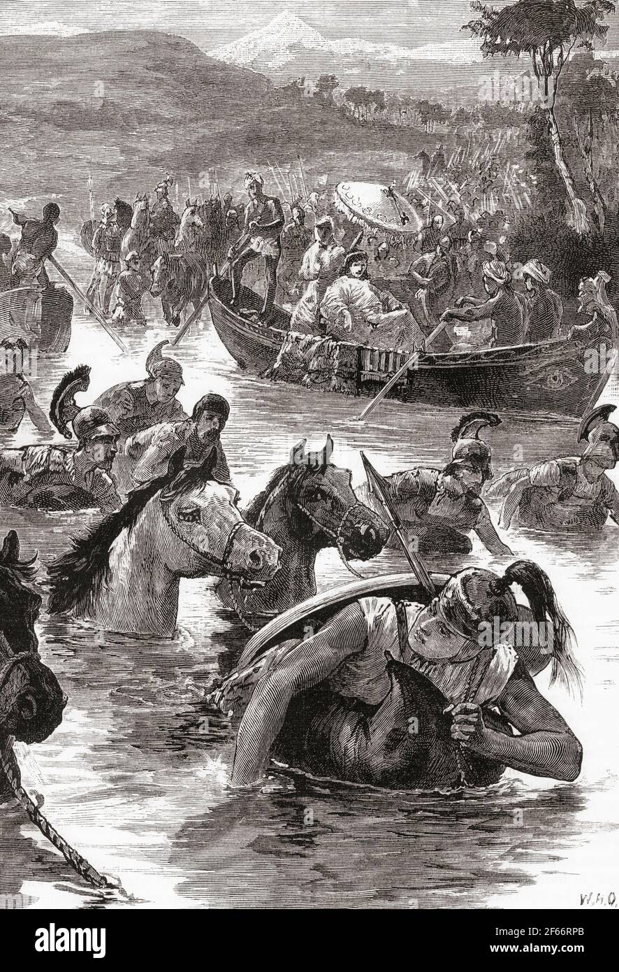 Die Mazedonier von Alexander dem Großen, der den Jaxartes oder Syr Darya Fluss überquert, in der Schlacht von Jaxartes, 329 v. Chr. Aus Cassells Universal History, veröffentlicht 1888. Stockfoto
