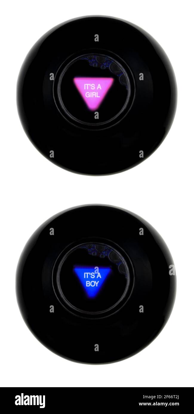 Set von zwei schwarzen magischen acht Kugeln mit Vorhersagen rosa IT'S EIN MÄDCHEN und blau IT'S EIN JUNGE isoliert auf Weißer Hintergrund Stockfoto