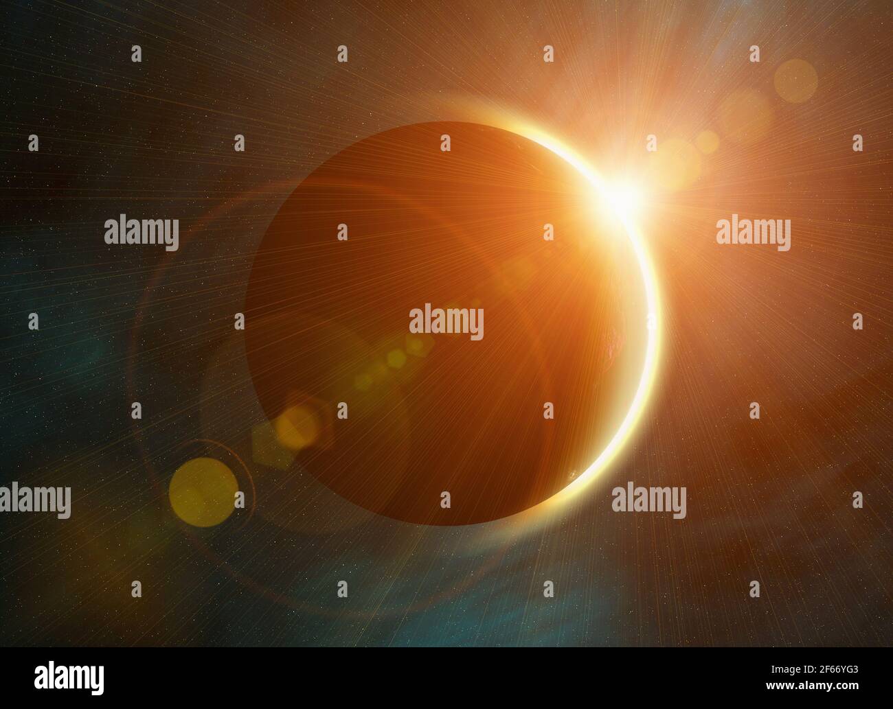 Sonnenfinsternis auf Sternen Hintergrund. Dies ist kein NASA-Foto, dieses rendere Bild mit Flare Stockfoto