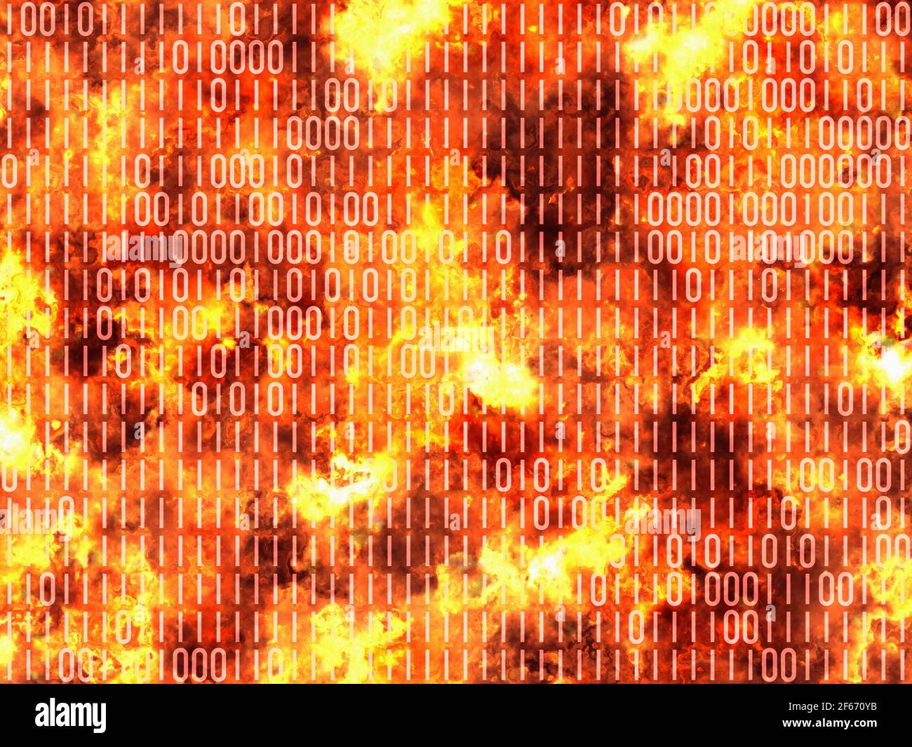 Helle Explosion Feuer Blitz mit digitalen Code Hintergrund Stockfoto