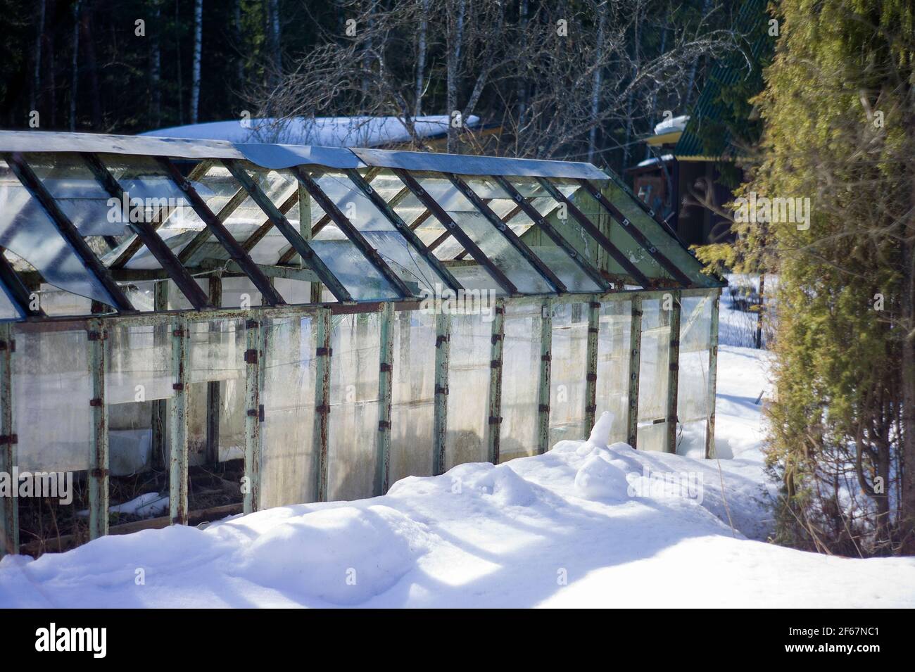 Ein Gewächshaus mit beschädigtem Glas nach dem Winter, Frühlingsschuss Stockfoto
