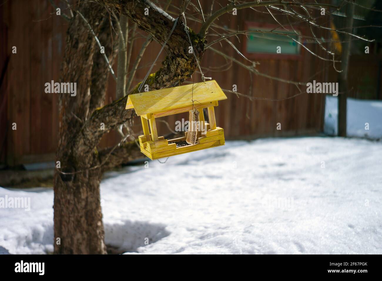Ein handgefertigter Vogelfutterhäuschen aus Holz, Außenaufnahme mit unscharfem Hintergrund Stockfoto