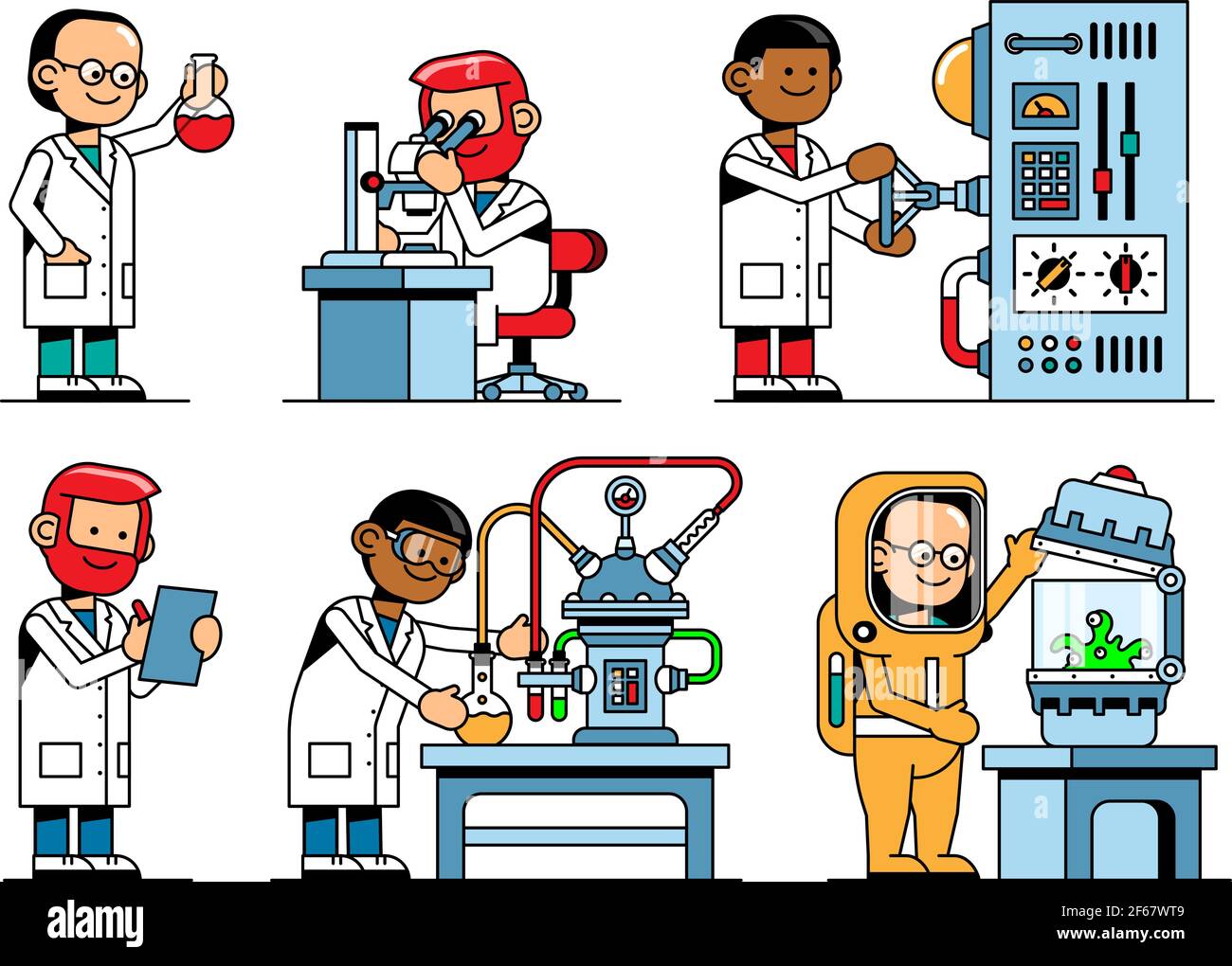 Wissenschaftler in Chemie und Physik mit Laborgeräten Stock Vektor