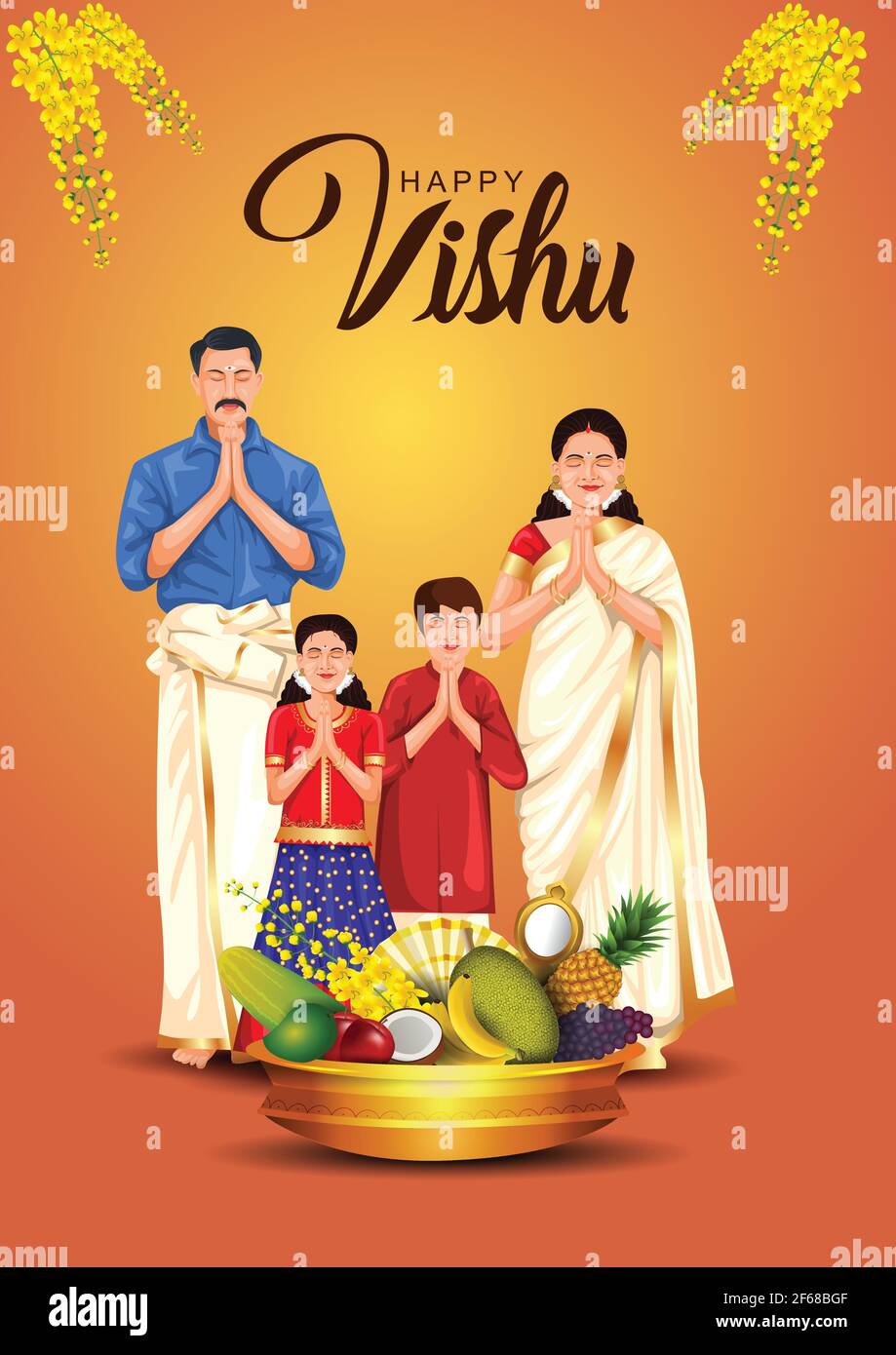 Frohe Vishu Grüße. April 14 Kerala Festival mit Familie Vishu Kani, vishu Blume Früchte und Gemüse in einem Bronzegefäß. vektor-Illustration des Stock Vektor