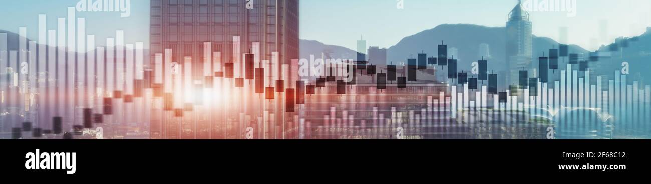 Website-Header und Banner von Hong Kong Stadtbild mit Skyscarapes. Handel und Aktienmärkte. Stockfoto