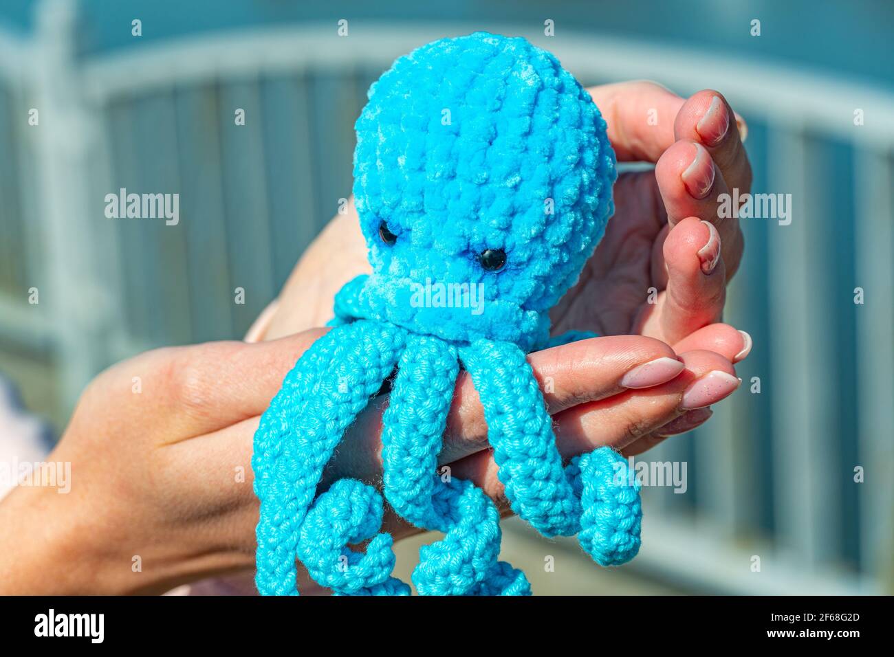 Blau gestrickte Krake in weiblichen Händen Nahaufnahme, gestricktes Spielzeug in Form eines Kraken Stockfoto
