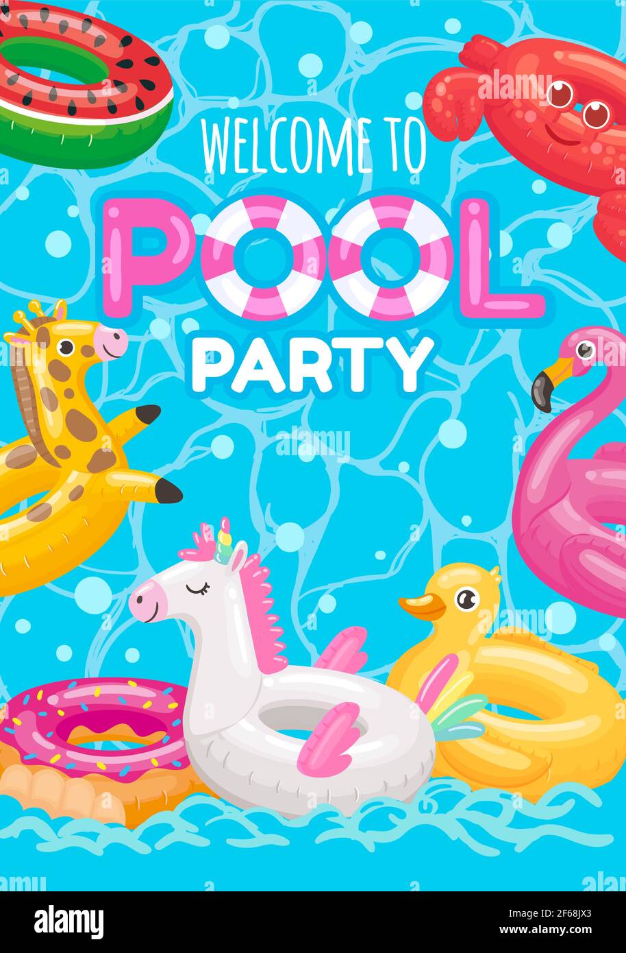 Willkommen bei Pool-Party mit aufblasbaren Ringen Spielzeug Stock Vektor