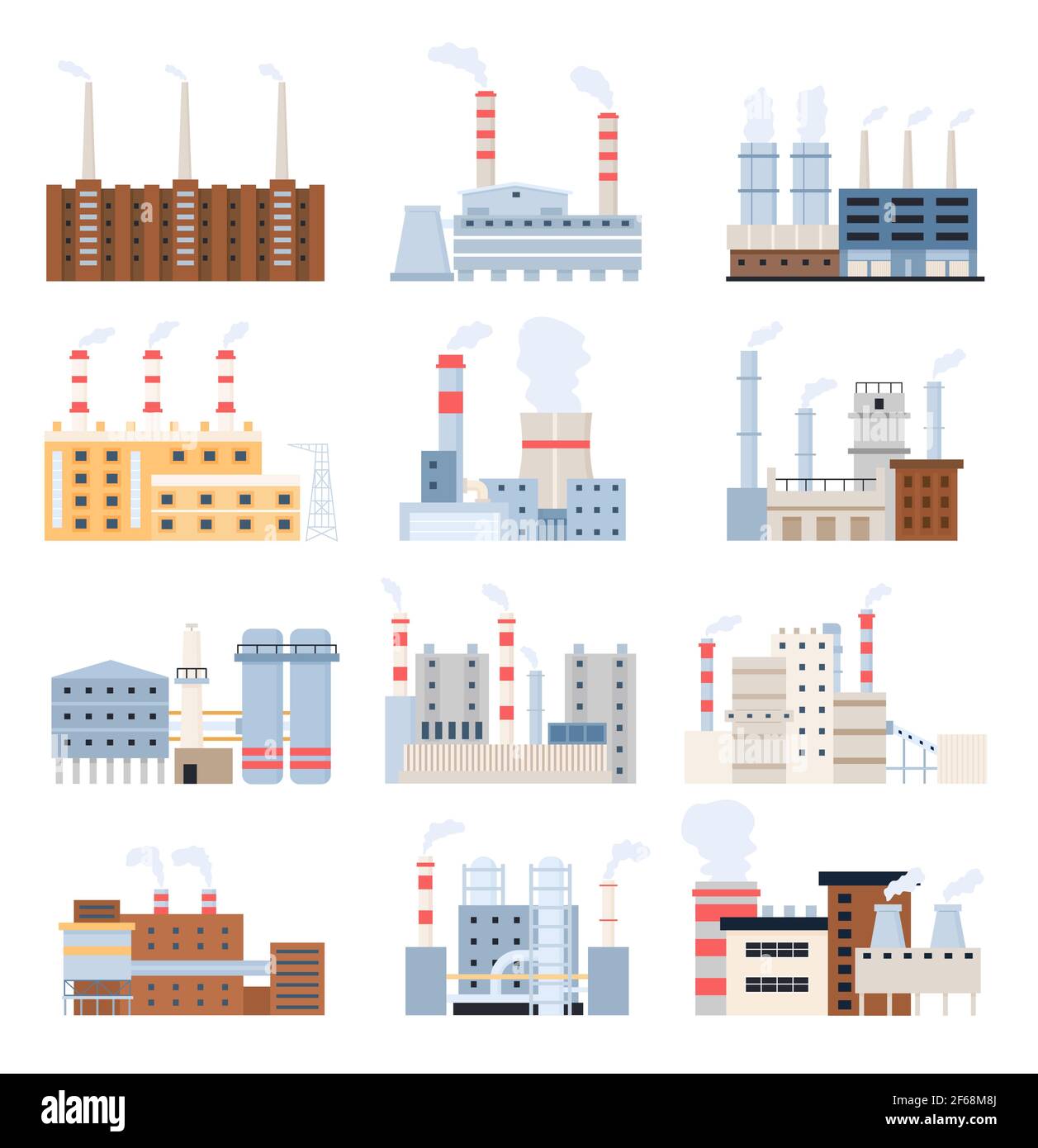 Fertigungswerk. Industriegebäude, Elektrizitätswerk, Kernkraftwerk und Chemiekomplex mit Kamin. Vektorset für Fabriken Stock Vektor