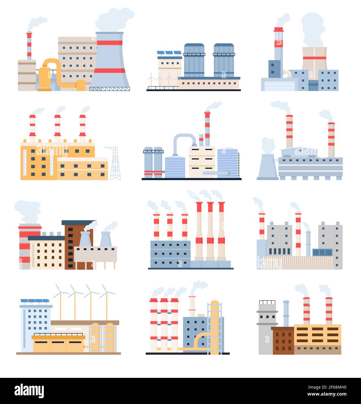 Fabrikgebäude. Öko-Kraftwerke mit Sonnenkollektoren und Windmühle, chemische Fertigung und Industriekomplex. Vektor-Set für flache Fabriken Stock Vektor