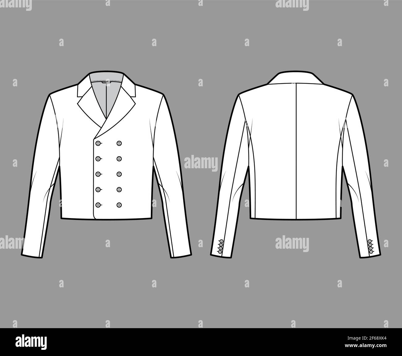 Monkey Jacke technische Mode Illustration mit zweireihig, lange Ärmel, gekerbter Kragen, Taille Länge. Flache Mantelschablone vorne, hinten, weiße Farbgebung. Damen, Herren, Unisex TOP CAD Mockup Stock Vektor