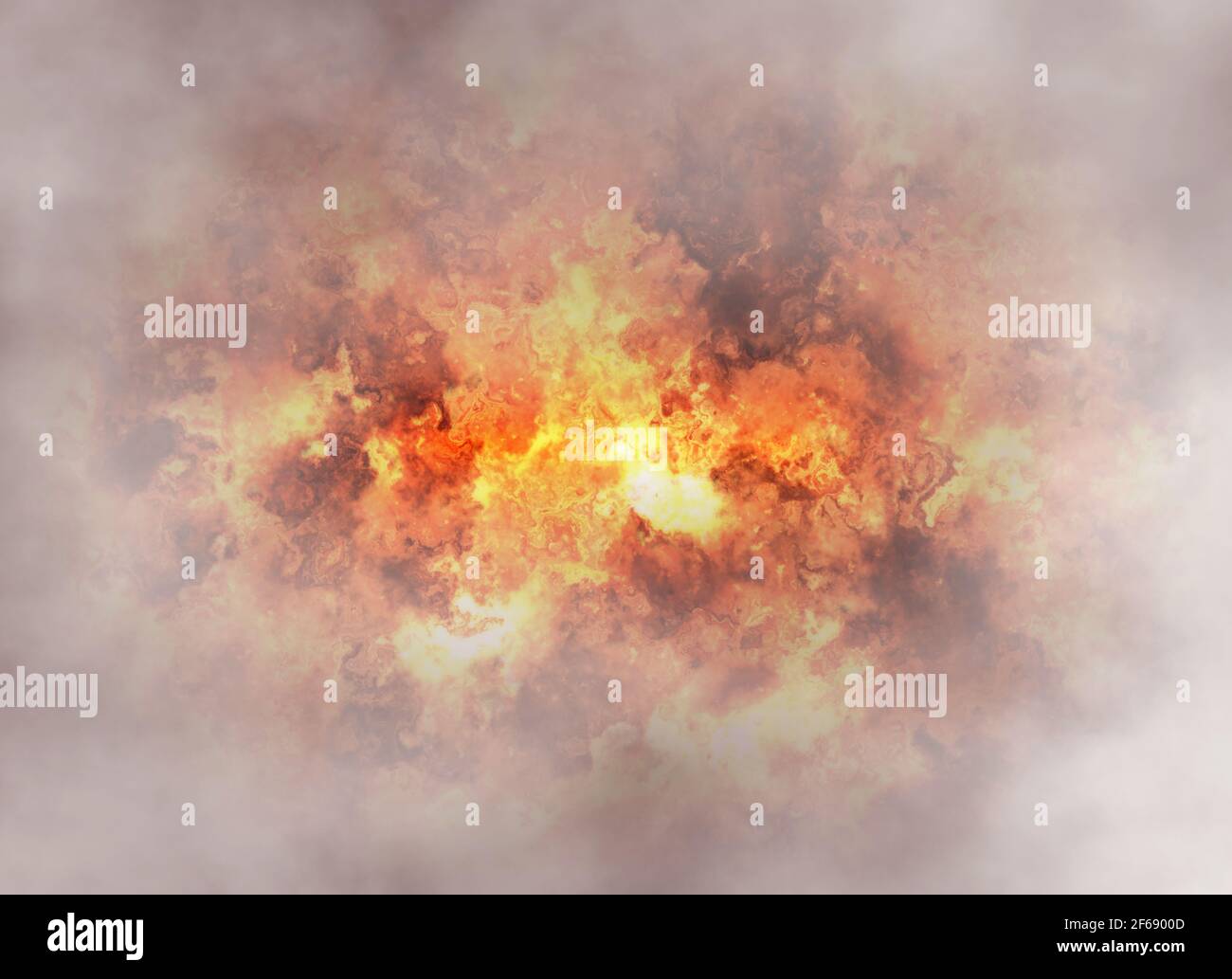 Helles Explosionsfeuer platzte auf Rauchhintergrund Stockfoto
