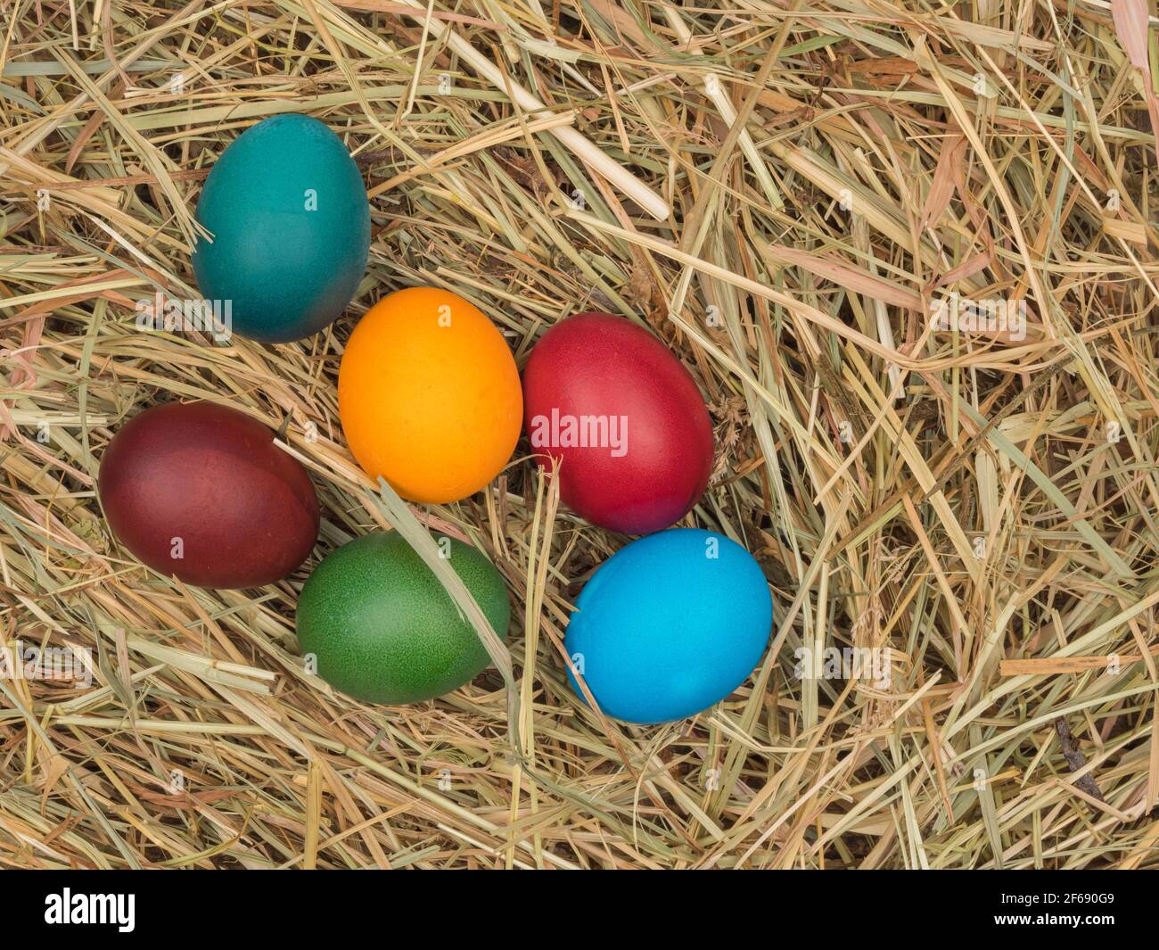 Ostereier im Heu aus nächster Nähe. Bio-Lebensmittel. Stockfoto