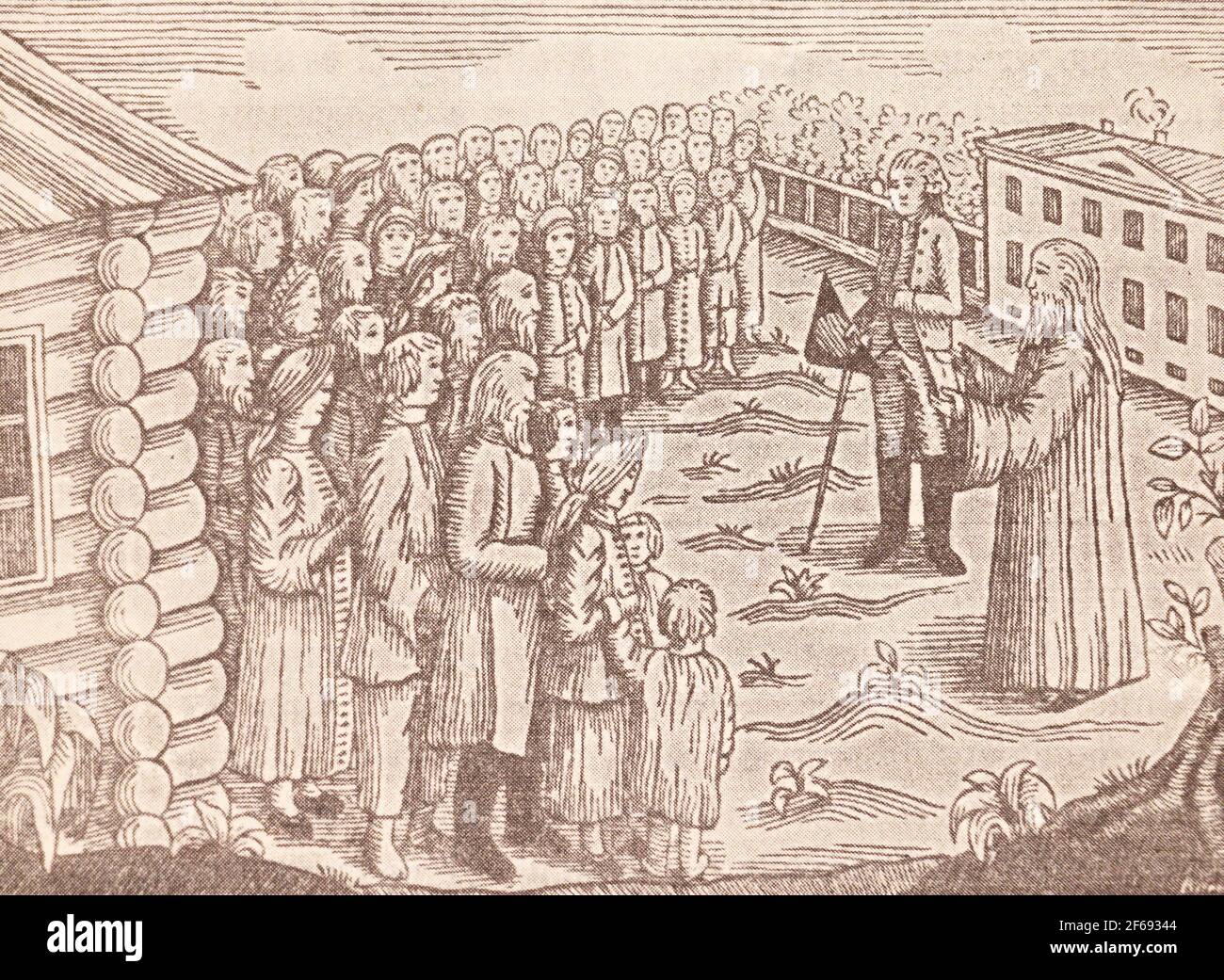 Eine weltliche Versammlung in Anwesenheit eines Grundbesitzers und eines Priesters im Jahr 1799. Stockfoto