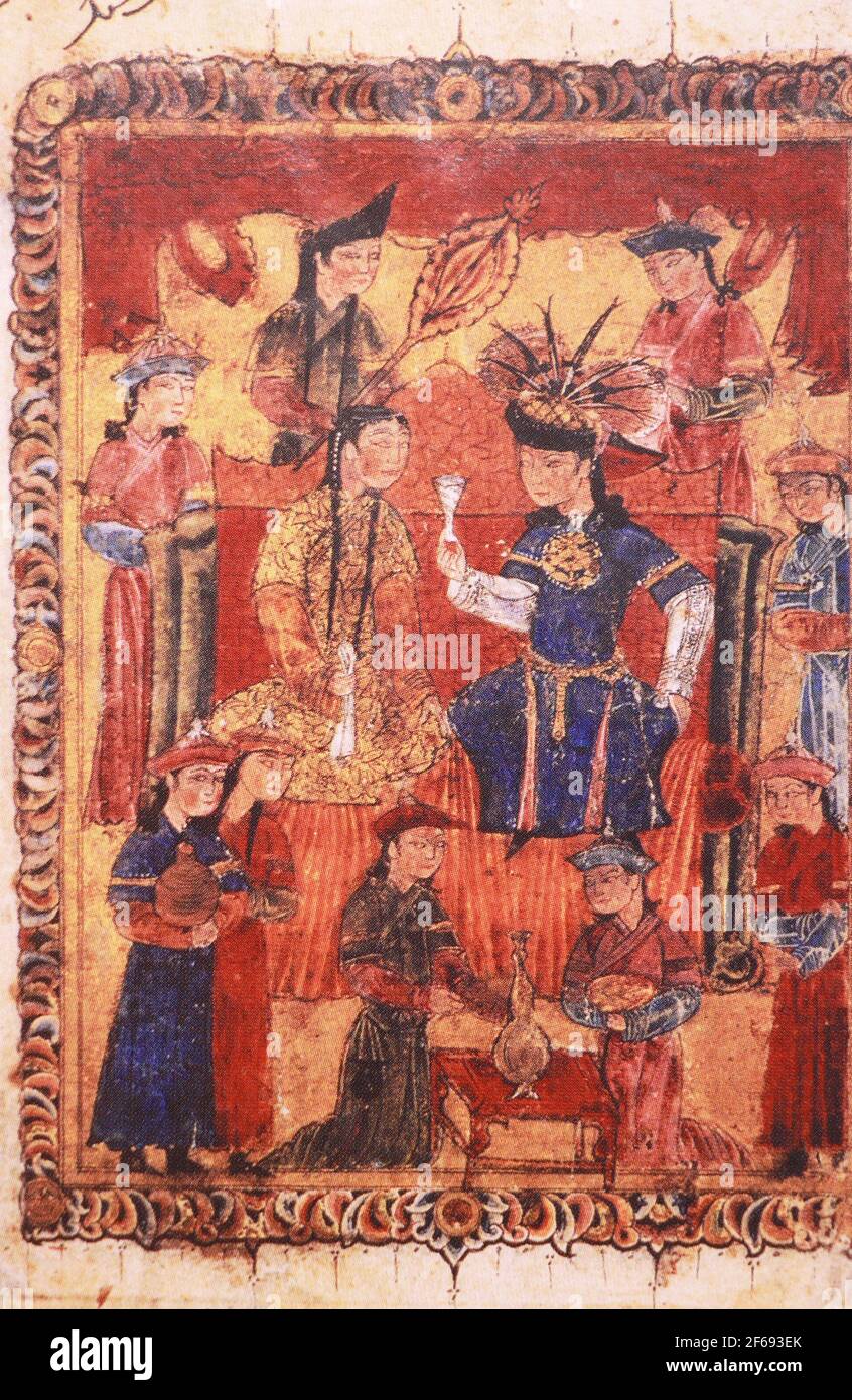 Mongolisches Ehepaar auf dem Thron. Miniatur von 1341. Stockfoto