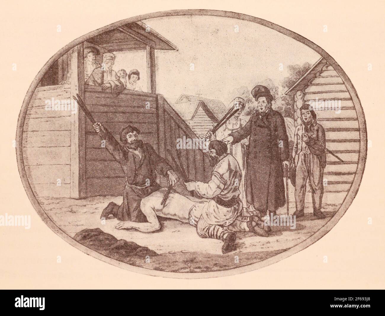 Bestrafung des Bauern mit Fledermausstäben in Anwesenheit des Gutsbesitzers. Der Stich des späten 18. Jahrhunderts. Stockfoto