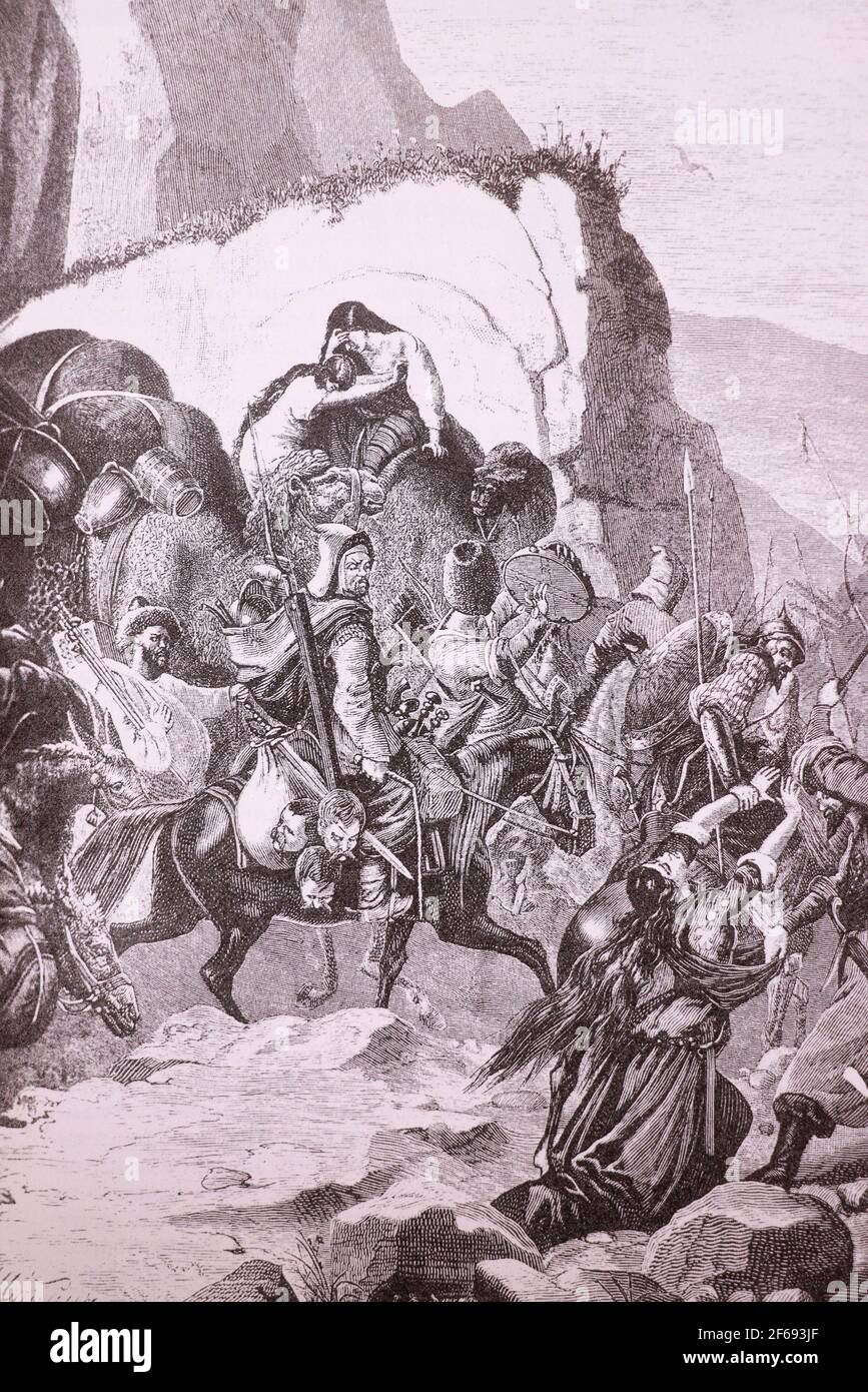 Rückkehr der Tataren aus dem Überfall. Der Stich des 19. Jahrhunderts. Stockfoto