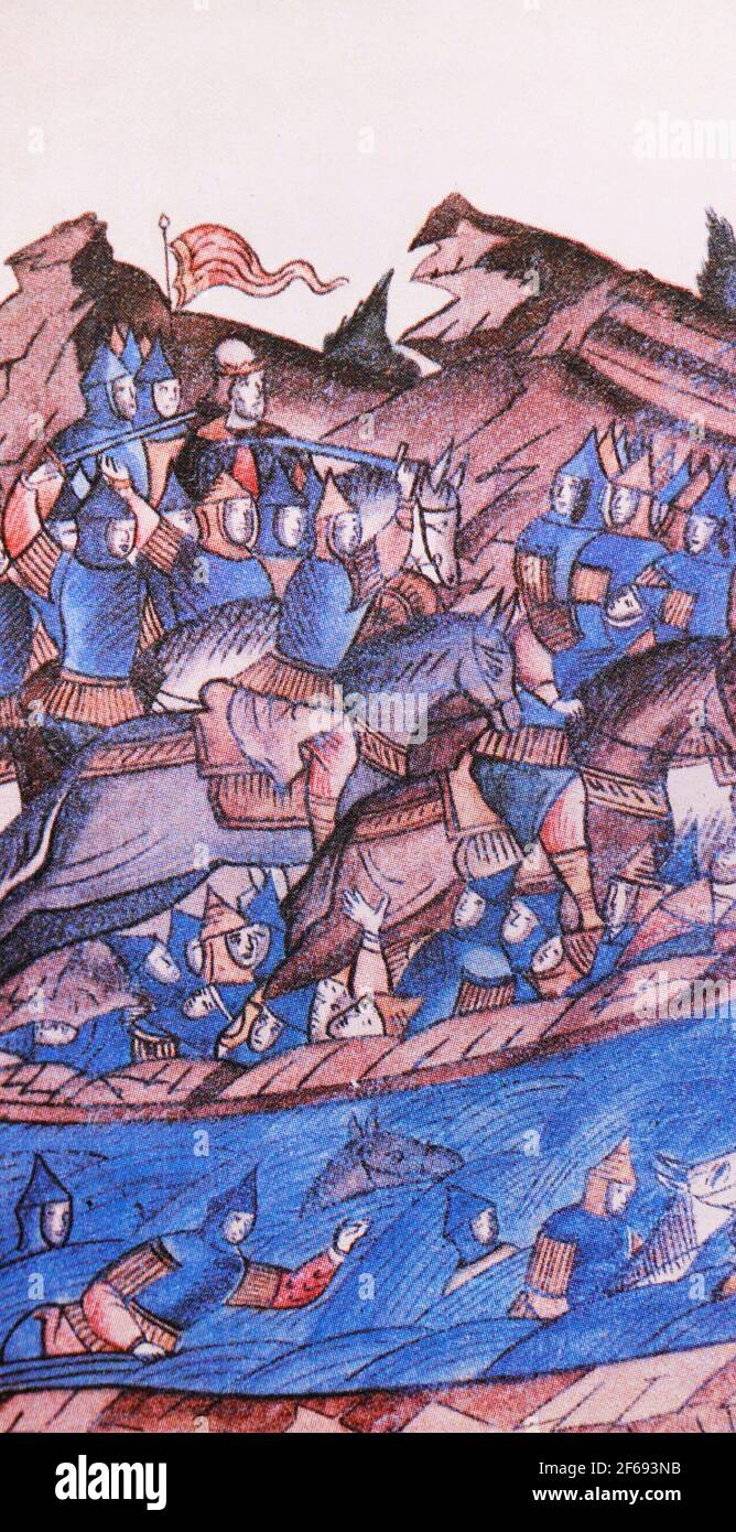 Russische Schlacht mit der Horde am Fluss Vozha im Jahr 1378. Die Miniatur des 16. Jahrhunderts. Stockfoto