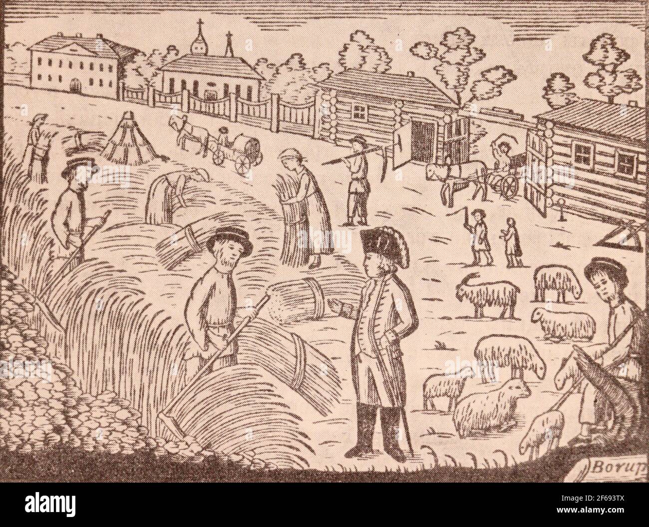 Der Gutsbesitzer bei der Ernte im Russischen Reich. Gravur von 1799. Stockfoto