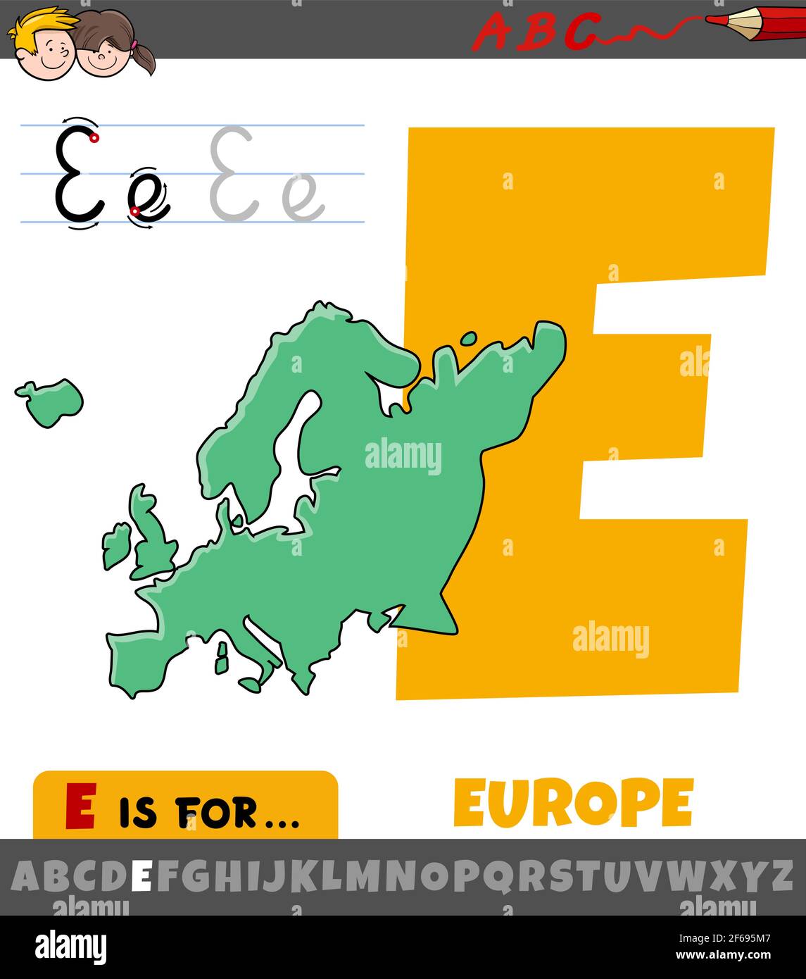 Pädagogische Karikatur Illustration des Buchstaben E aus Alphabet mit Europa Kontinentalform Stock Vektor