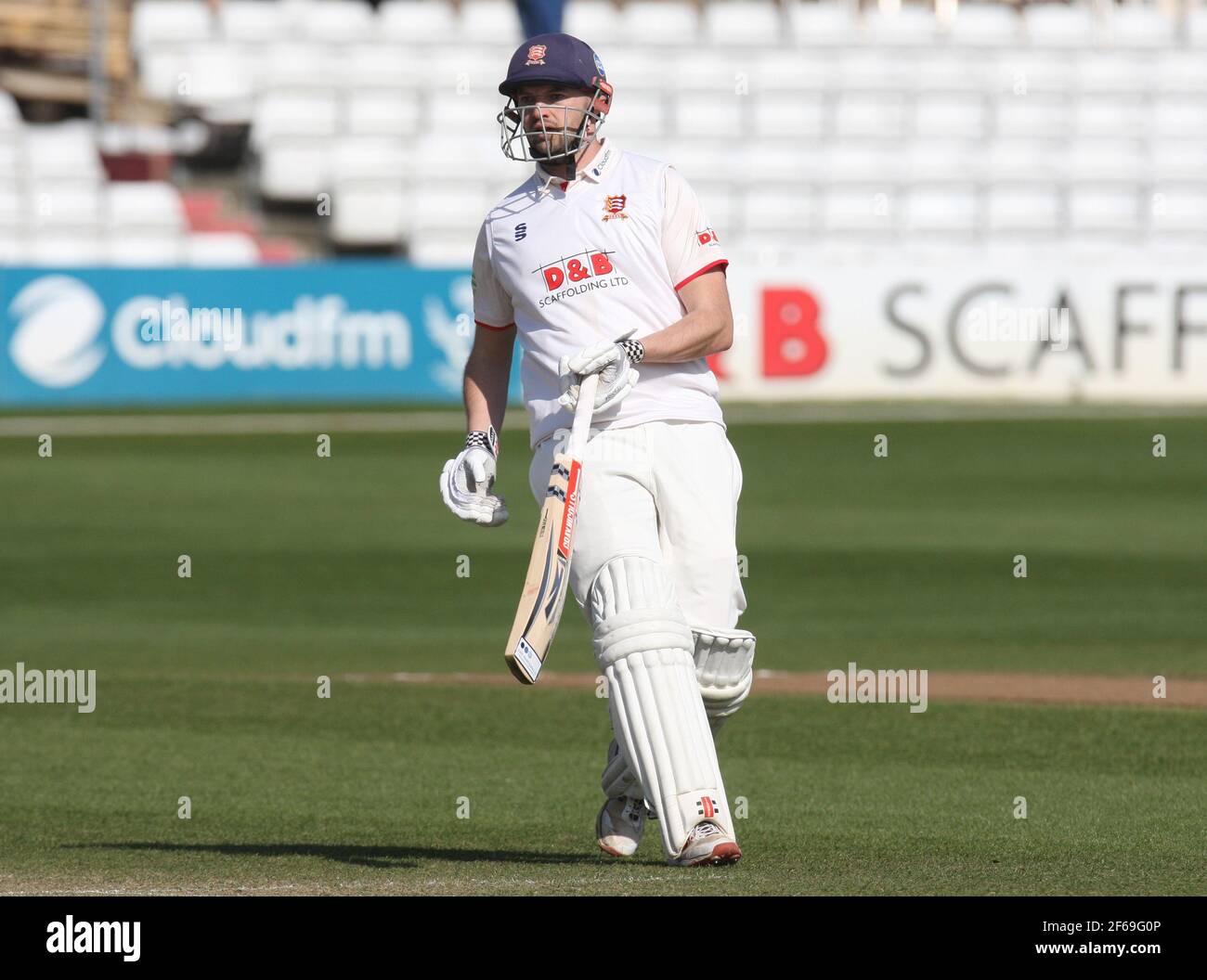 Chelmsford, Großbritannien. März 2021, 30th. CHELMSFORD ENGLAND - MÄRZ 30: Essex's Nick Browne beim Freundschaftsspiel am zweiten Tag von 2 zwischen Essex CCC und Kent CCC am 30th. März 2021 in Chelmsford, England Credit: Action Foto Sport/Alamy Live News Stockfoto