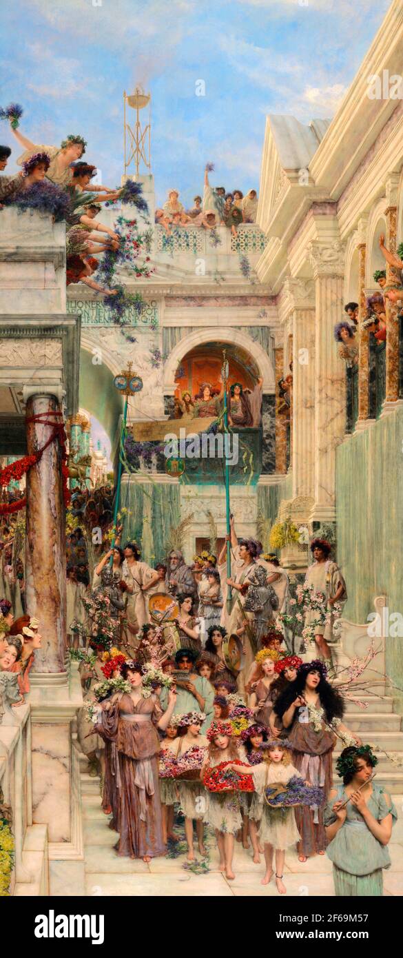 Frühling - beschrieben ist der viktorianische Brauch, die Kinder ins Land zu schicken, um Blumen am 1st. Mai zu sammeln. Die Szene befindet sich im antiken Rom - Lawrence Alma-Tadema, 1894 Stockfoto