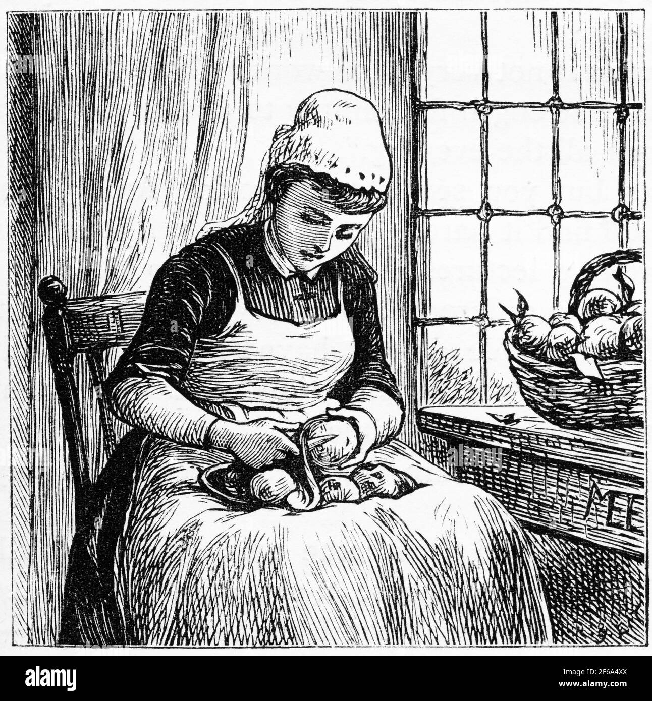 Gravur eines Spülermädchens bei der Arbeit, das Gemüse einschält Eine viktorianische Küche Stockfoto
