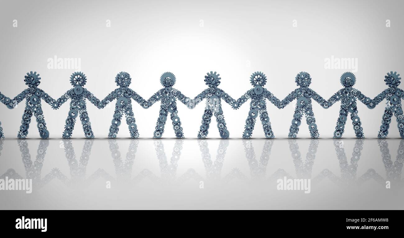 Business Teamwork Zusammenarbeit und Allianz Konzept als eine Gruppe von Menschen zusammenarbeiten, die aus Zahnrädern und Zahnrädern halten Hände vertreten. Stockfoto